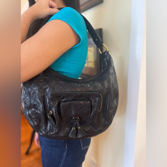 Antonio Melani Black Hobo Bag Glazed Quilted Leather Cargo Pockets Front U Bag - Picture 2 of 11